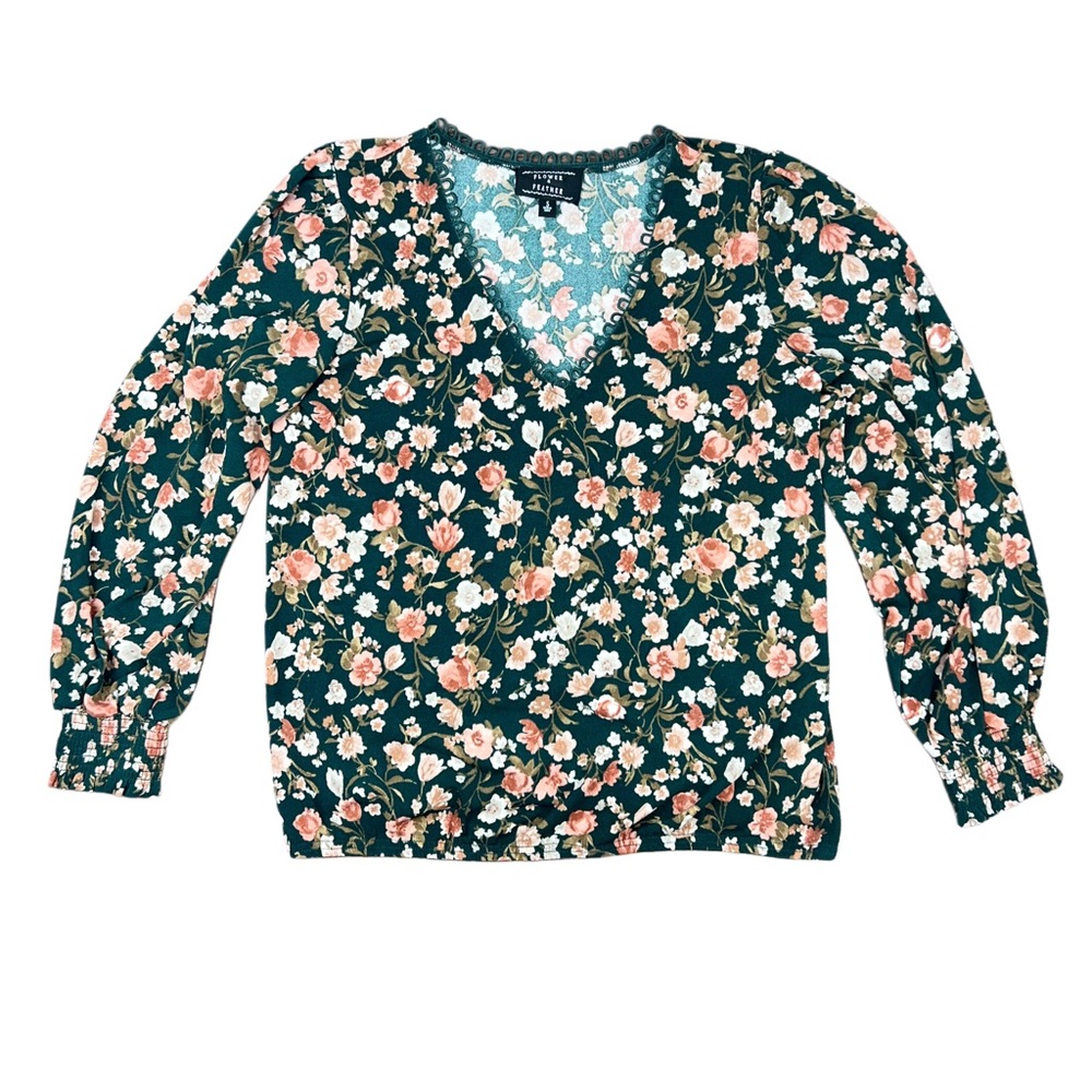 Flower & Feather Size Small Floral Smocked Hem Blouse Green Boho Style Shirt Top - Picture 4 of 10